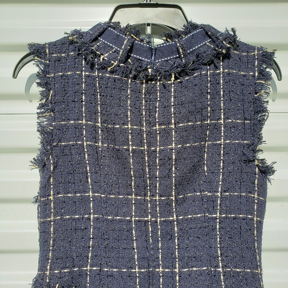 Onebuye Tweed Asymmetrical Sleeveless Raw Hem Blue Plaid Dress - Picture 11 of 14